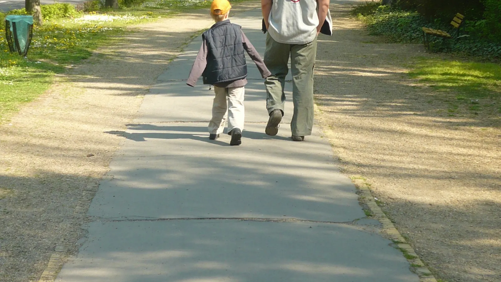 A parent and young child walking together down a tree-lined path, seen from behind