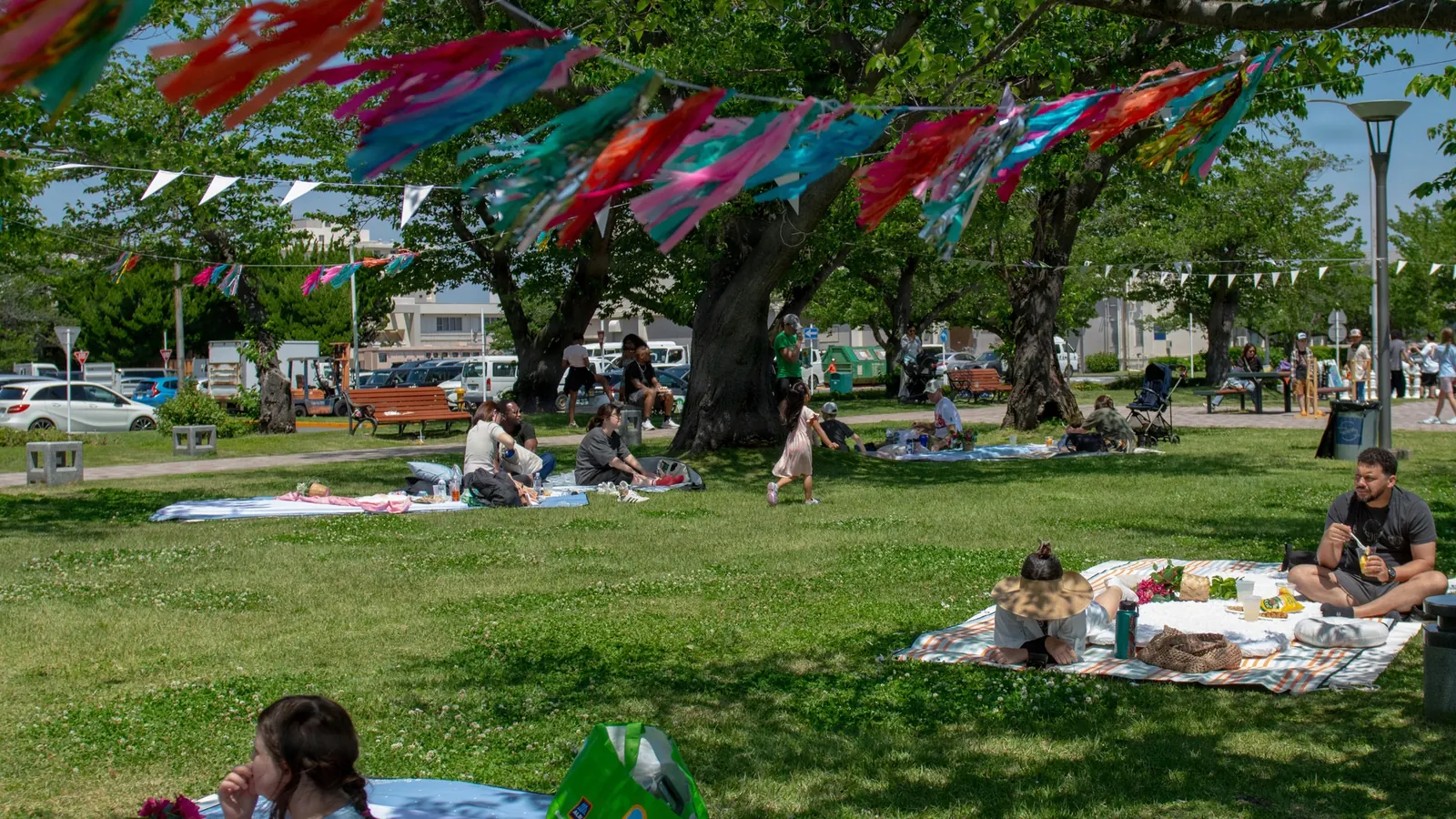 People relaxing on picnic blankets in a sunny park under colourful bunting
