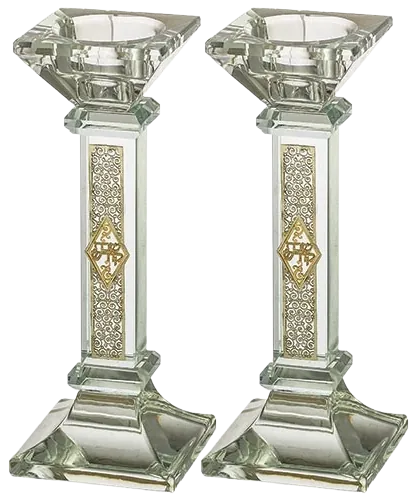 Crystal candlesticks with metal plaque, 16.5 cm