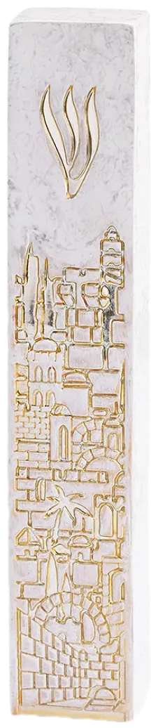 Concrete-polymer mezuzah case with Jerusalem design, 12 cm