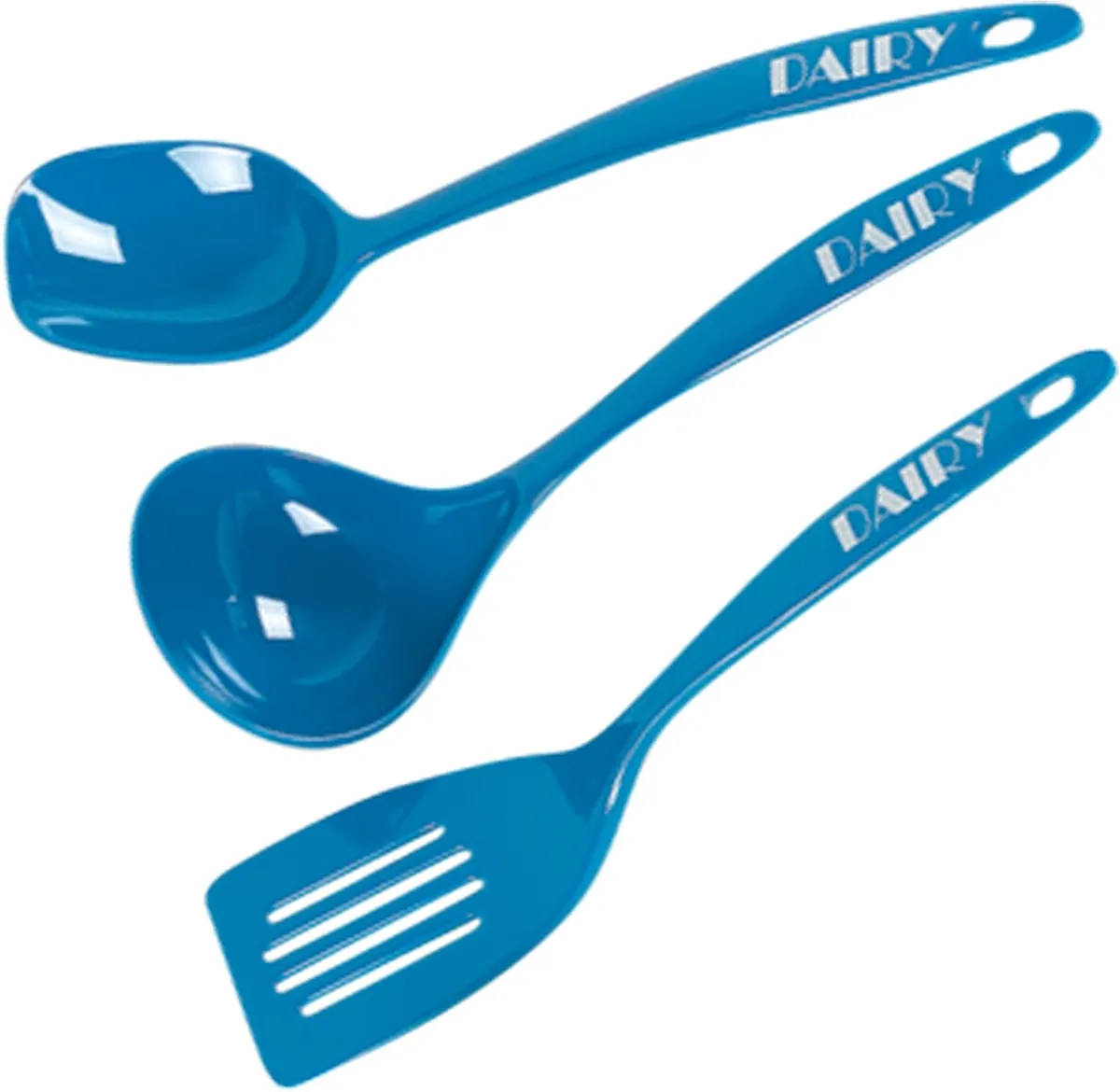 Blue dairy utensil set: spoon, ladle and spatula