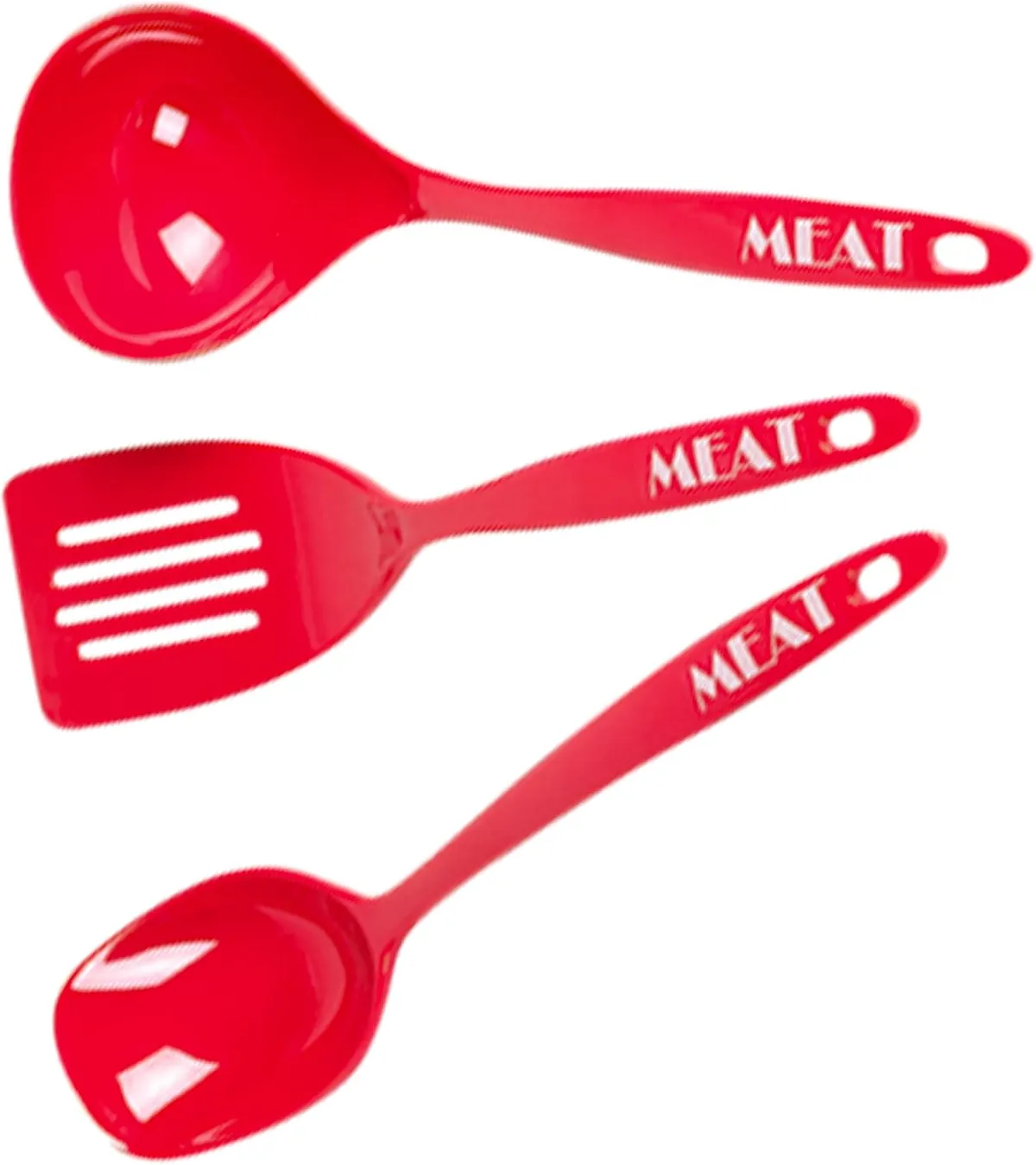 Red meat utensil set: spoon, ladle and spatula